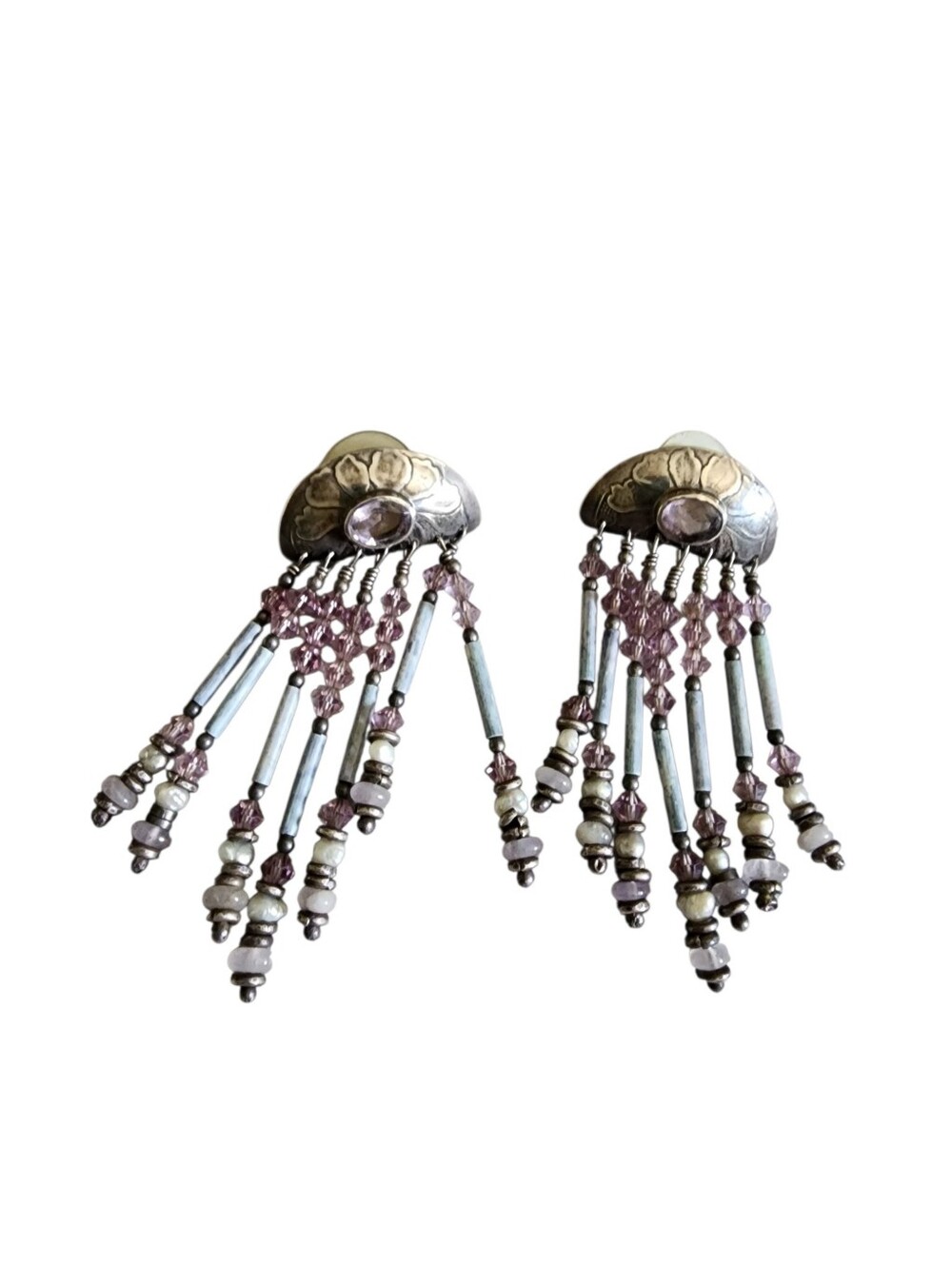 Tabra Vintage Sterling Amethyst Purple Faceted Glass Pearl Dangle Earrings